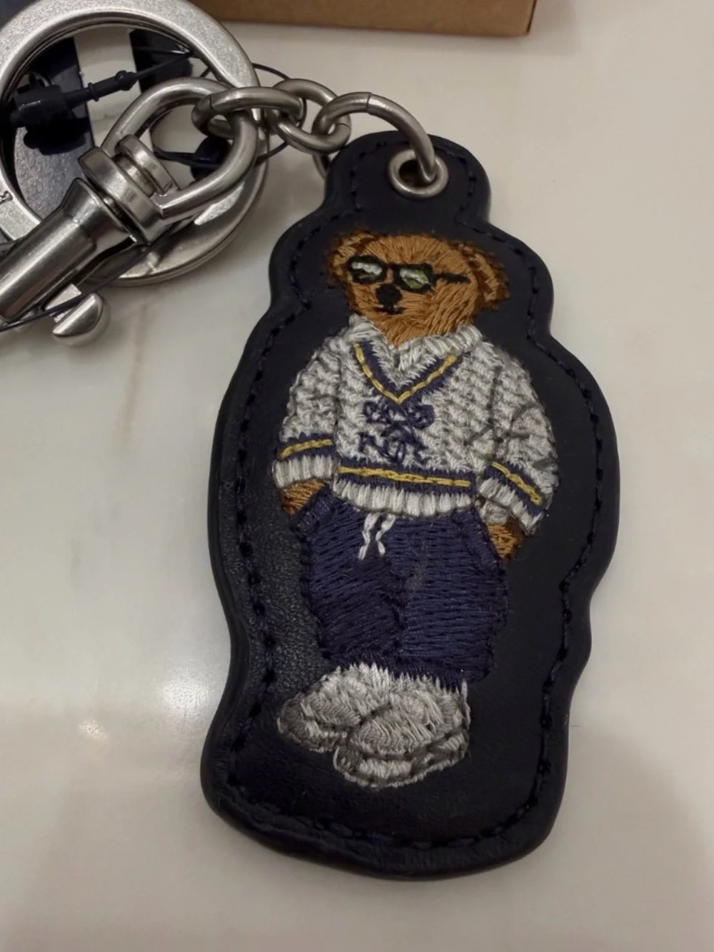 NEW Polo Ralph Lauren PREPPY TENNIS BEAR - LEATHER Key Ring Keychain - NAVY BLUE